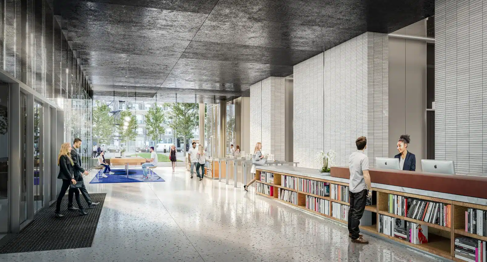 Stylish office lobby with modern reception, built-in bookshelves, and bright open spaces