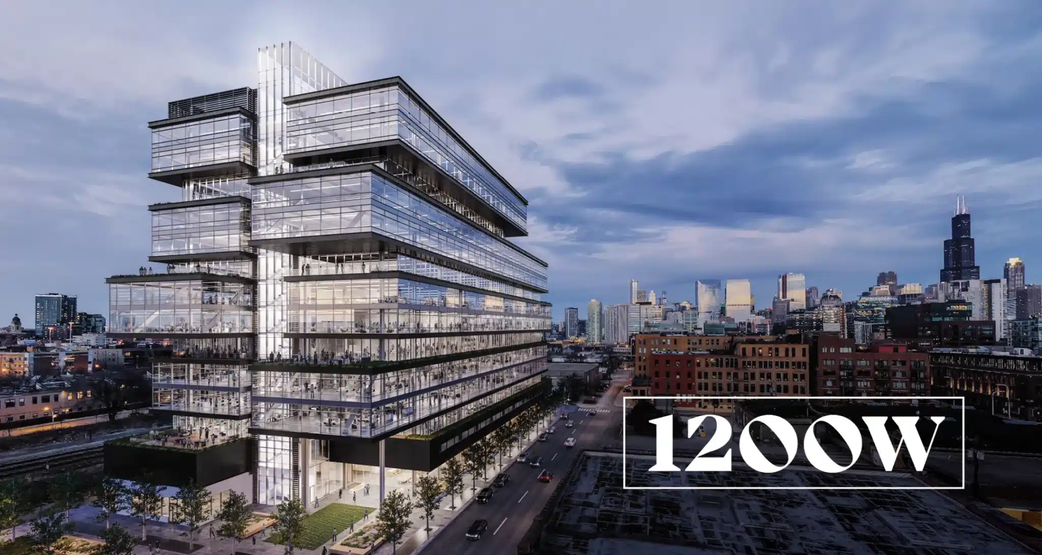 Illuminated modern office tower against a twilight cityscape with 1200W branding