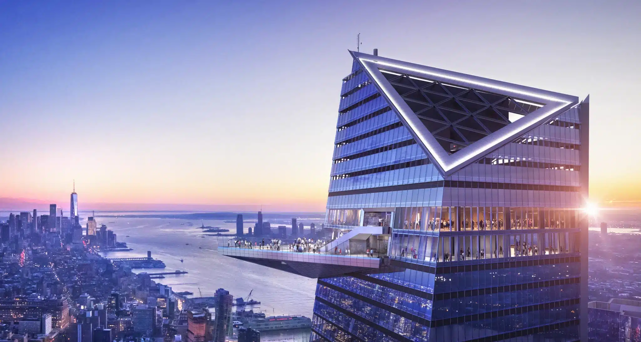 Sunrise view of Edge’s sky deck with Manhattan skyline and Hudson River in the background