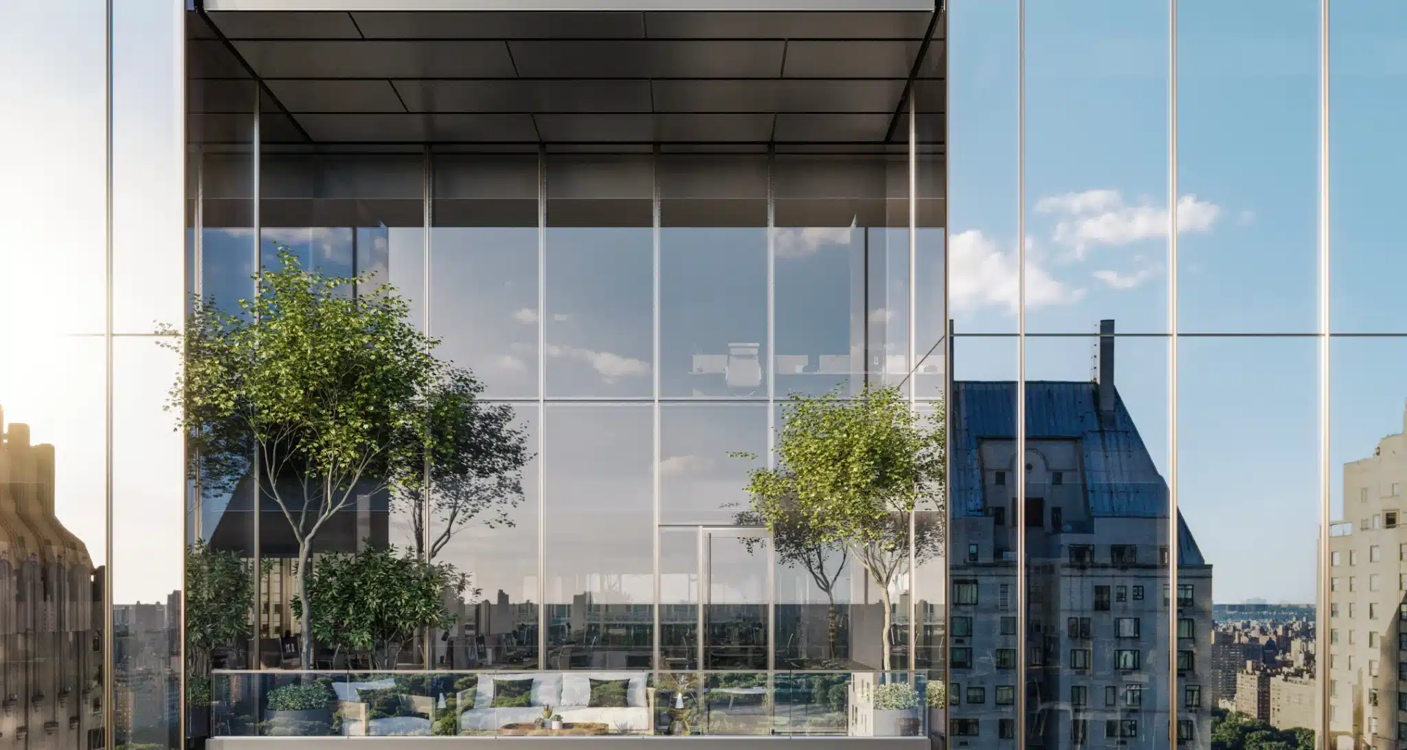Glass-walled office space featuring greenery and a scenic city view