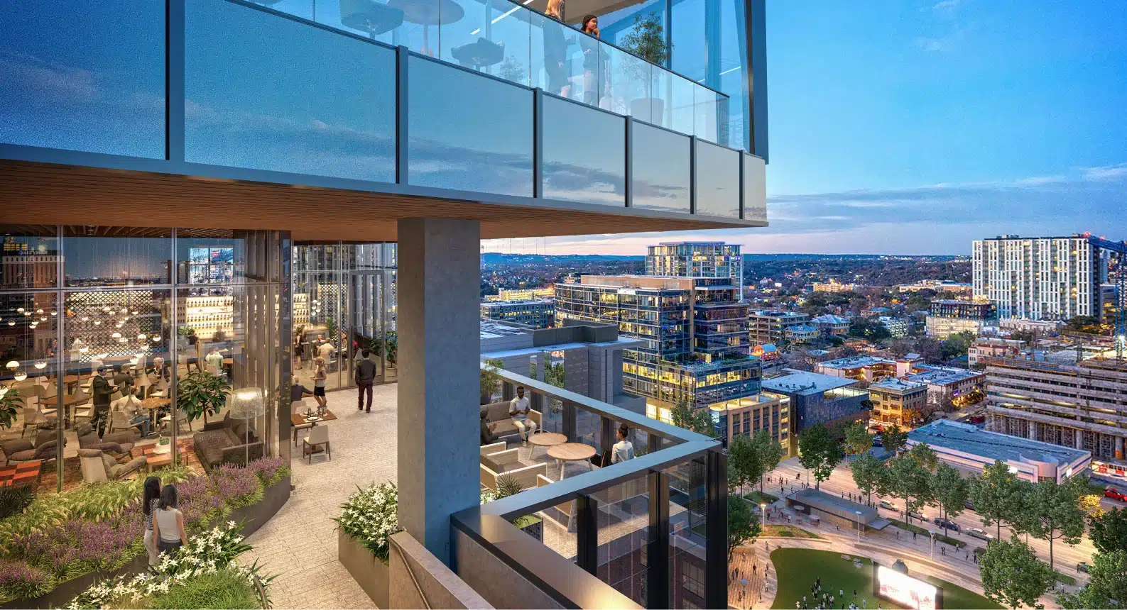 Luxury rooftop terrace at The Republic Austin, overlooking the downtown skyline at sunset