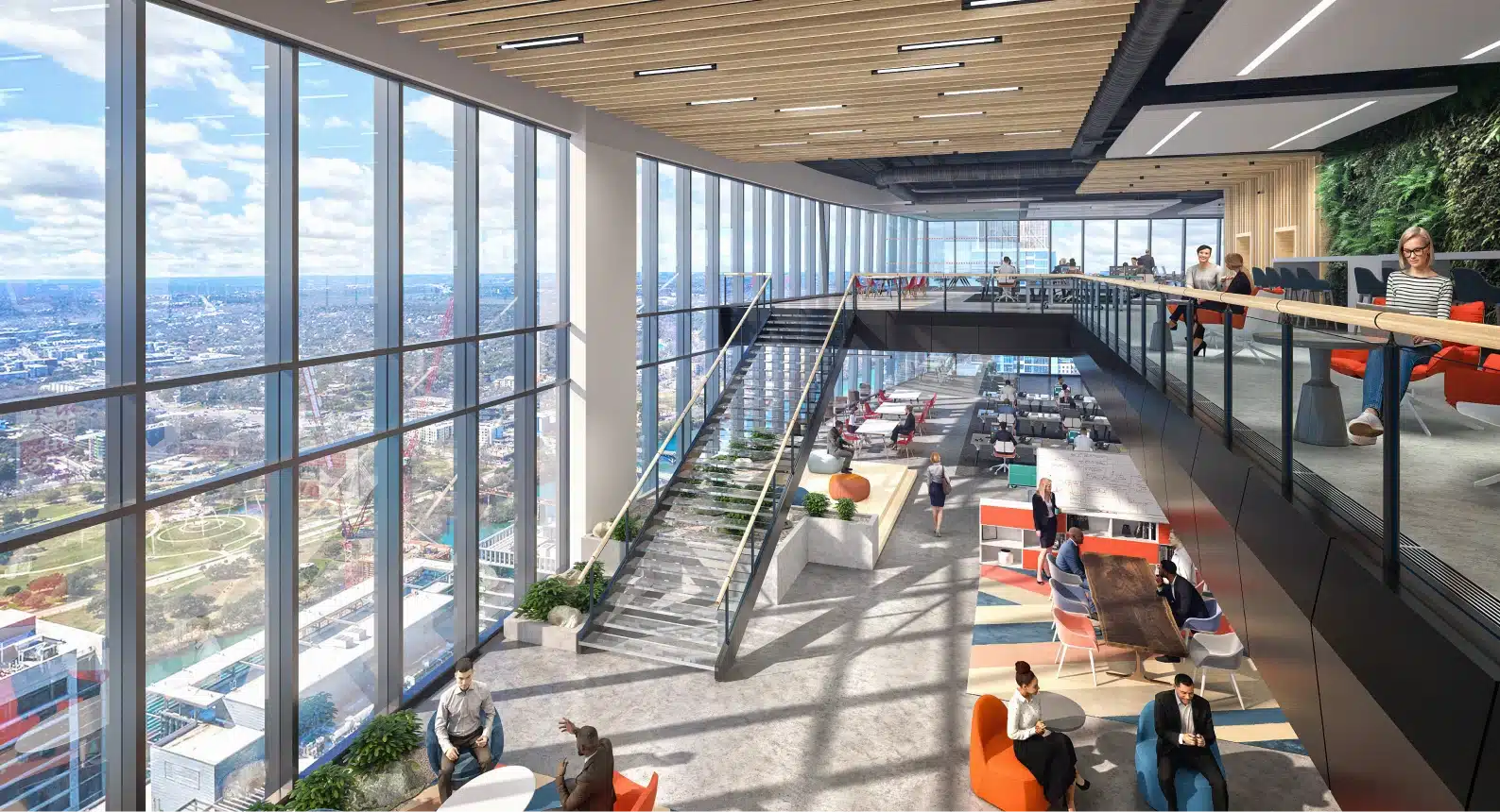 Modern open-concept office space at The Republic Austin, featuring floor-to-ceiling windows