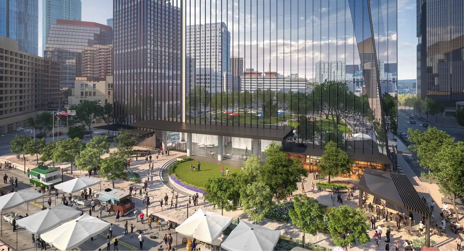 Vibrant plaza at The Republic, featuring food trucks, green spaces, and modern architecture