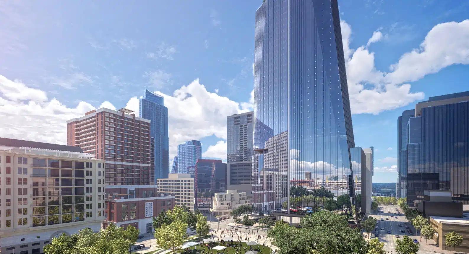 Glass skyscraper of The Republic reflecting Austin’s skyline on a sunny day