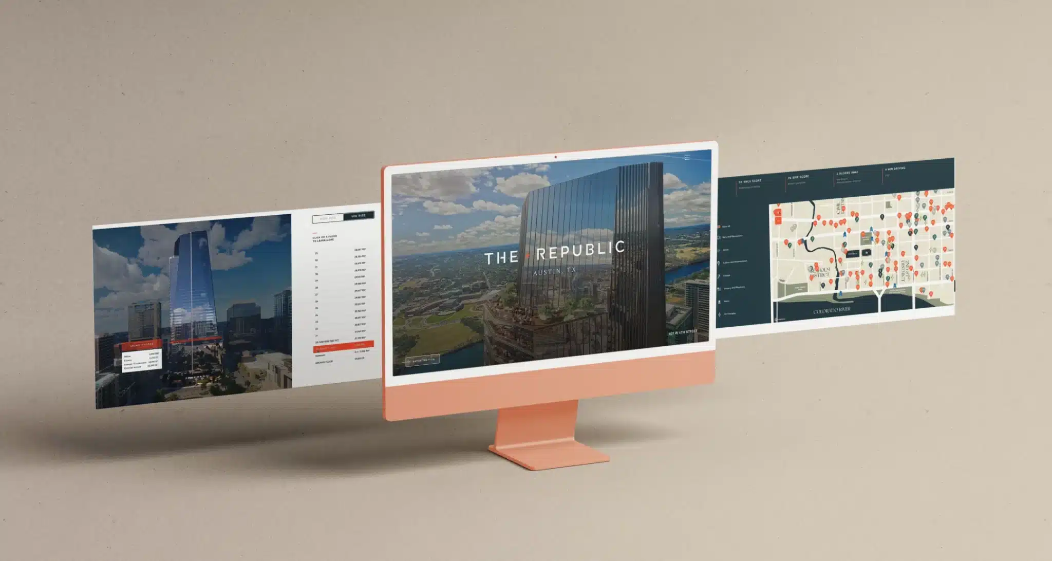 Interactive website display for The Republic, showcasing available office spaces and amenities