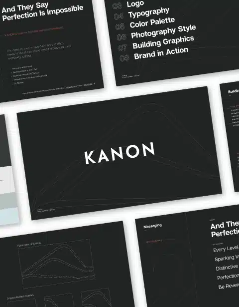 Branding presentation layout for Kanon featuring style guide elements and visual messaging framework