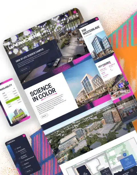 Colorful website mockups for LabWorks life science campus campaign with digital branding layouts