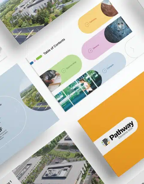 Graphic design presentation spread for Pathway, showcasing visuals, layout concepts, and branding