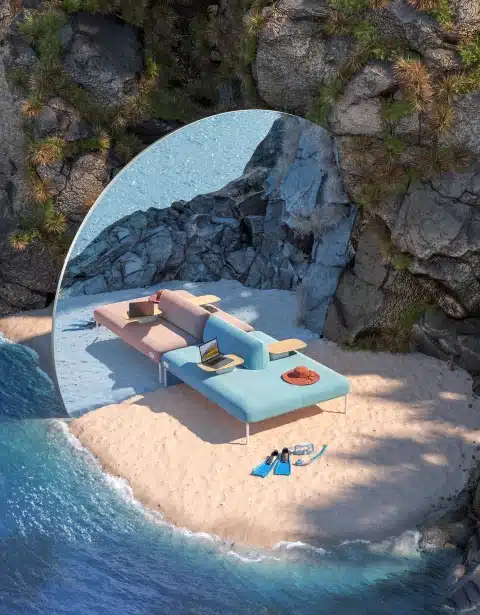 Artistic 3D rendering of coastal lounge featuring pastel furniture on secluded beach alcove