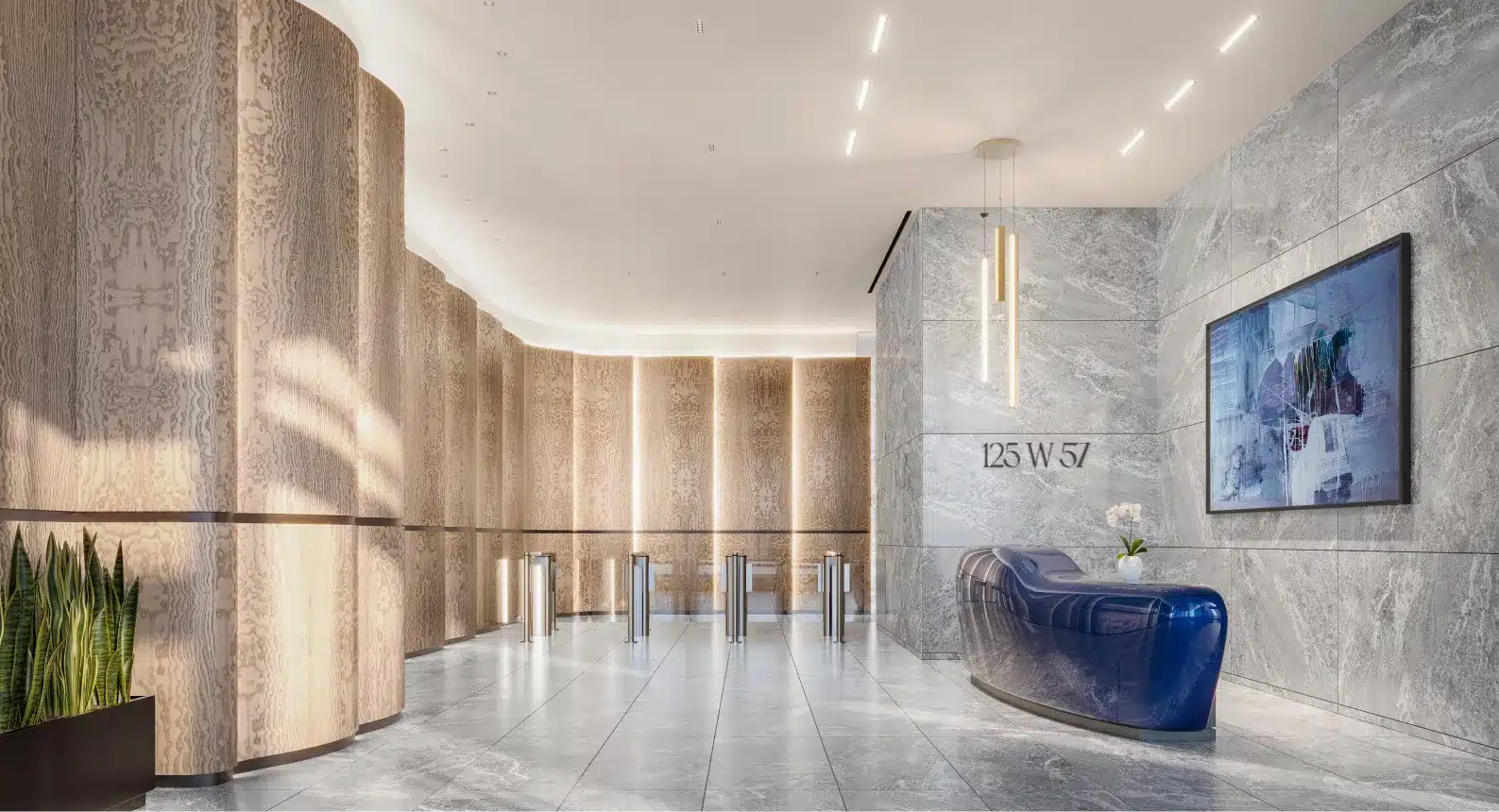 Sophisticated office lobby with warm wood paneling, marble floors, and modern lighting
