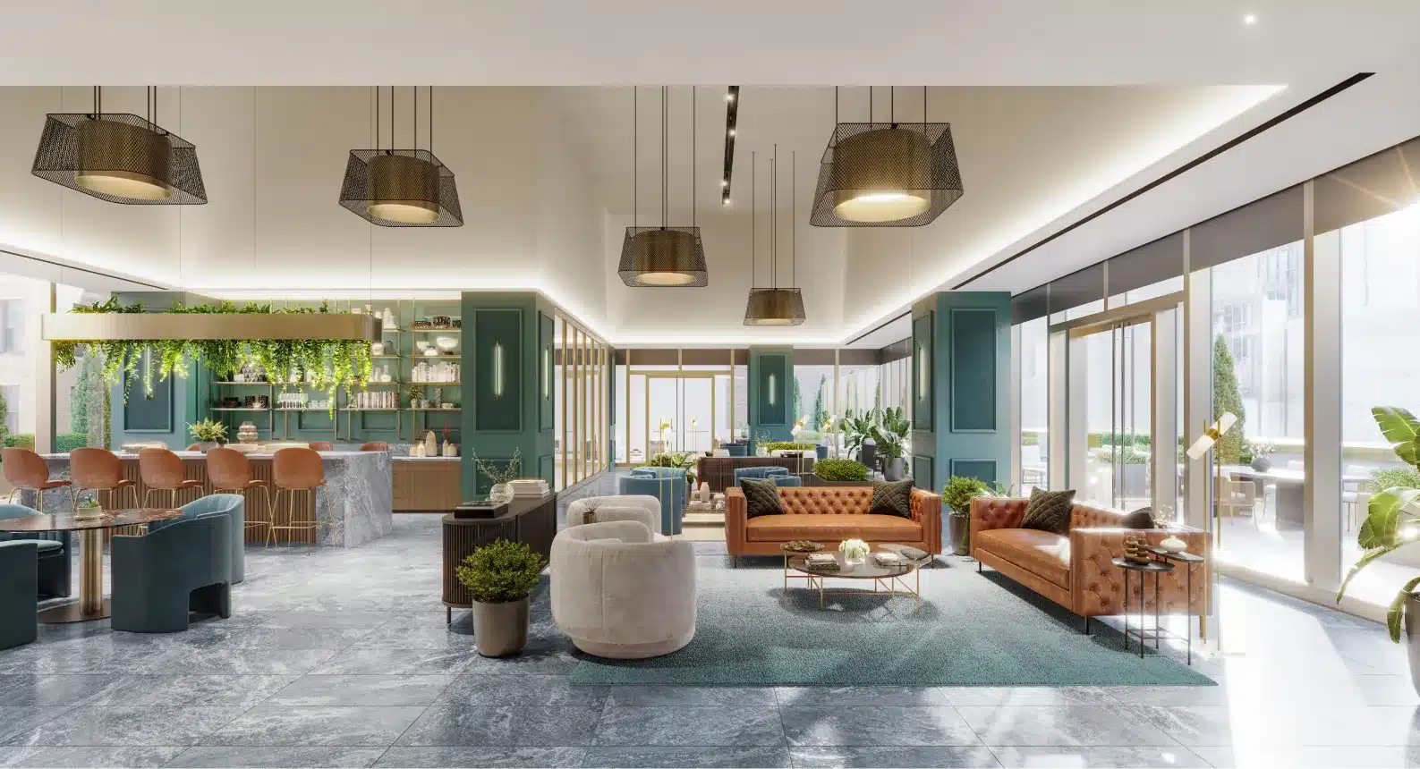 Luxury business lounge featuring modern furniture, greenery, and a sophisticated ambiance