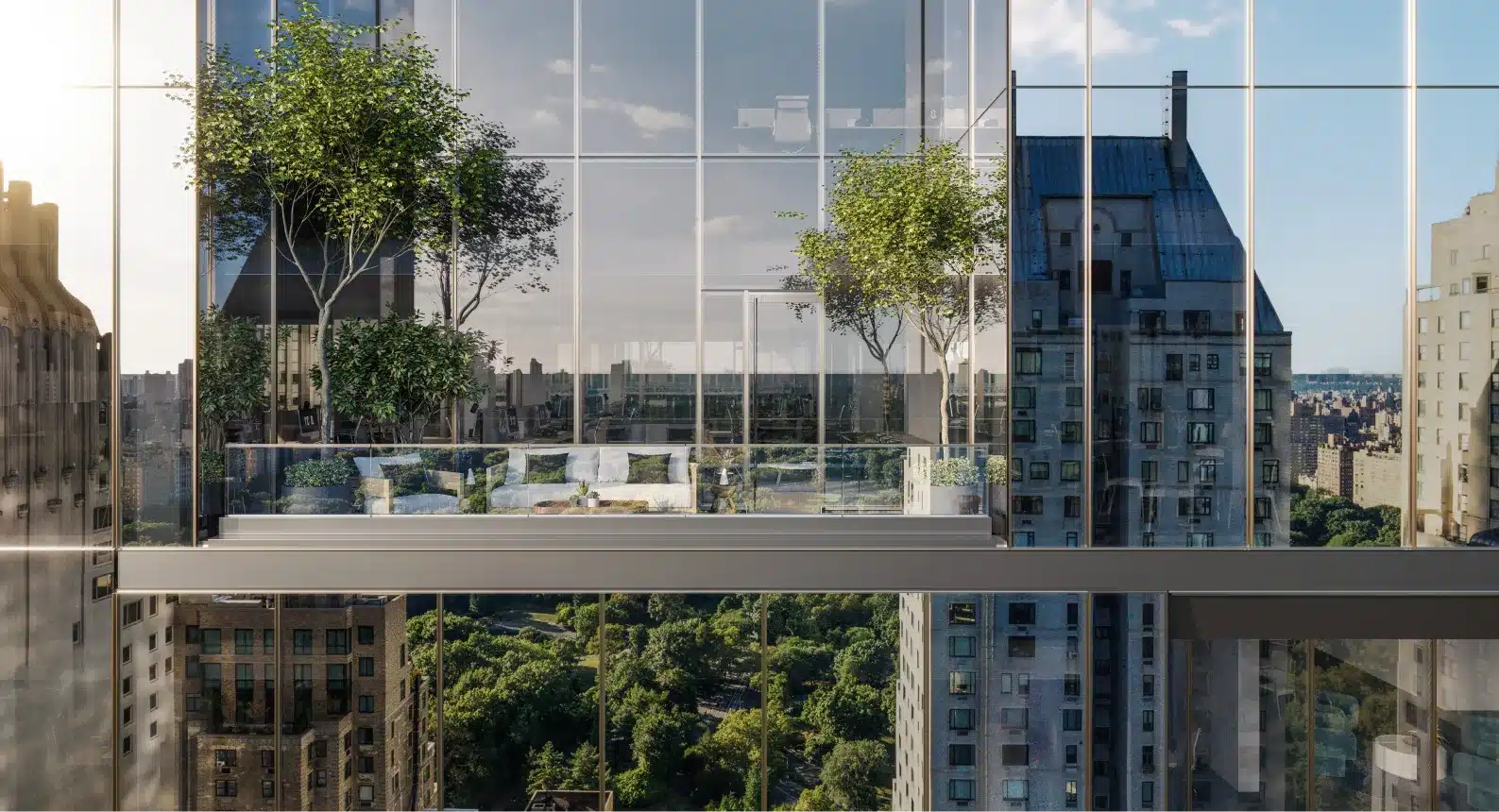 Suspended glass terrace with lush greenery offering breathtaking views of Central Park