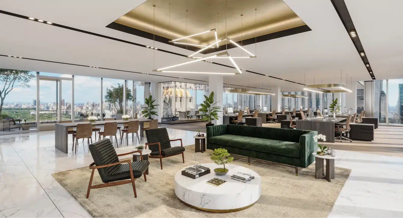 Spacious luxury office with panoramic city views, open seating, and contemporary decor