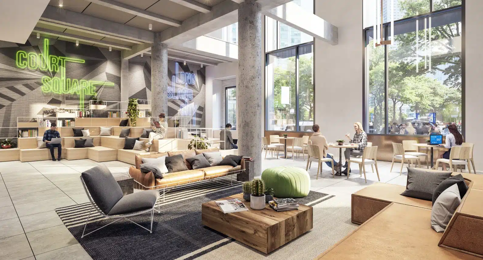 Bright and spacious coworking lounge inside Innolabs, featuring comfortable seating and greenery