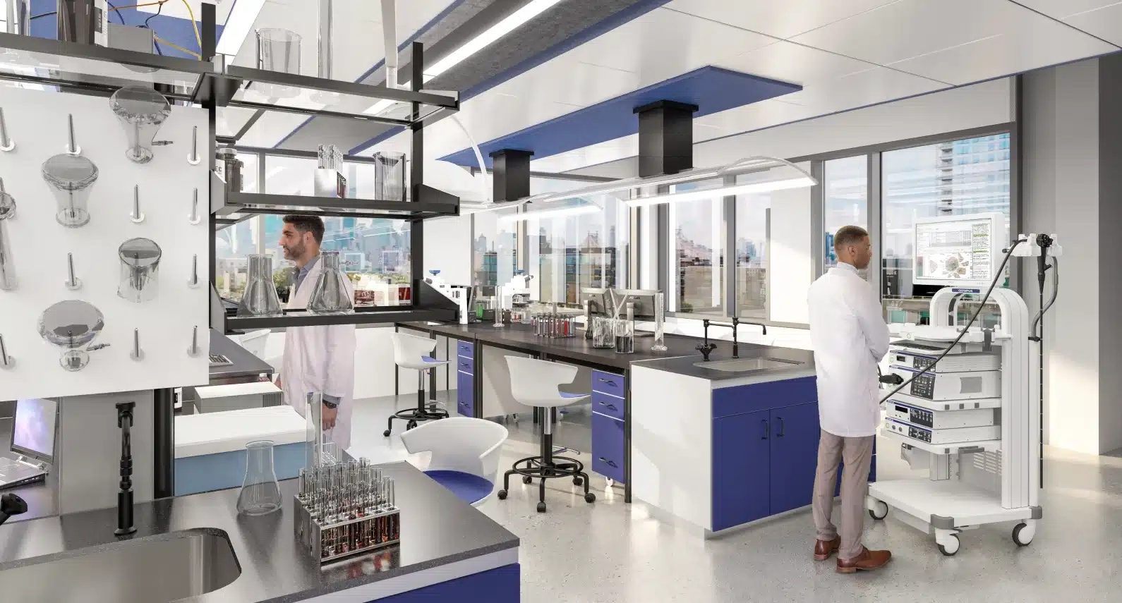 Scientists working in a bright laboratory with advanced medical and research equipment