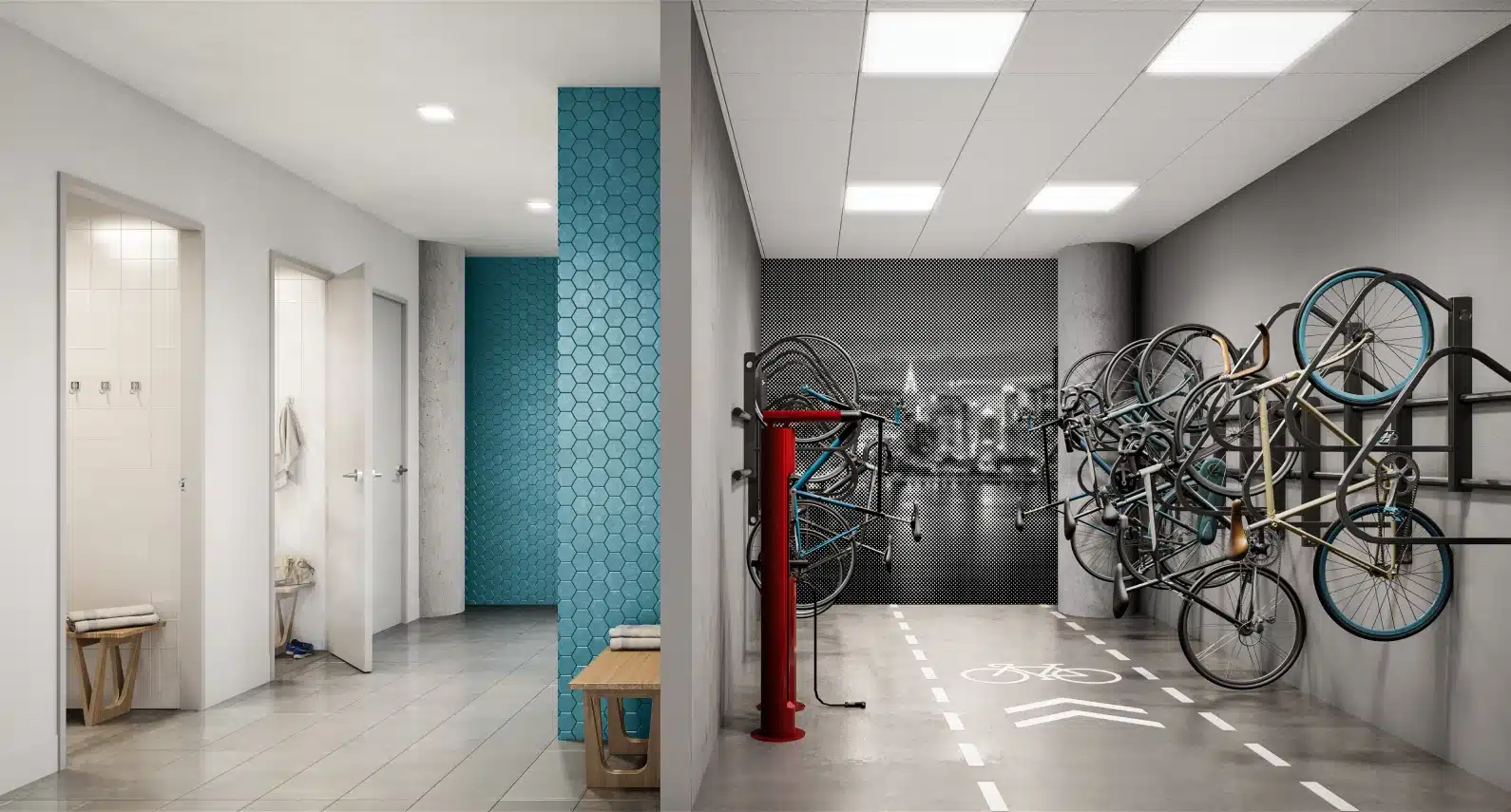 Secure bicycle storage area inside Innolabs, featuring mounted racks and repair tools