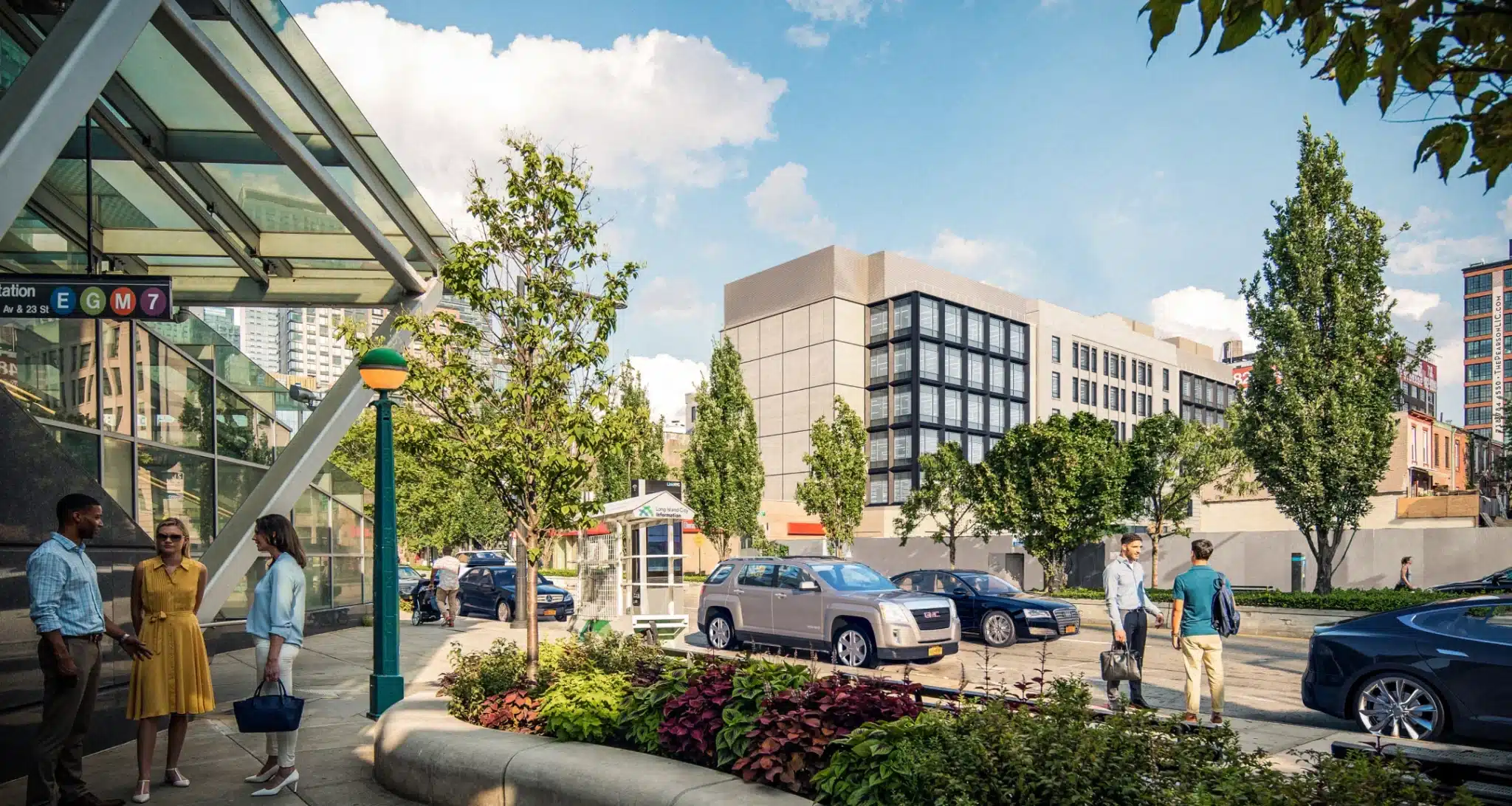 Vibrant streetscape near Innolabs with lush greenery, modern buildings, and pedestrians