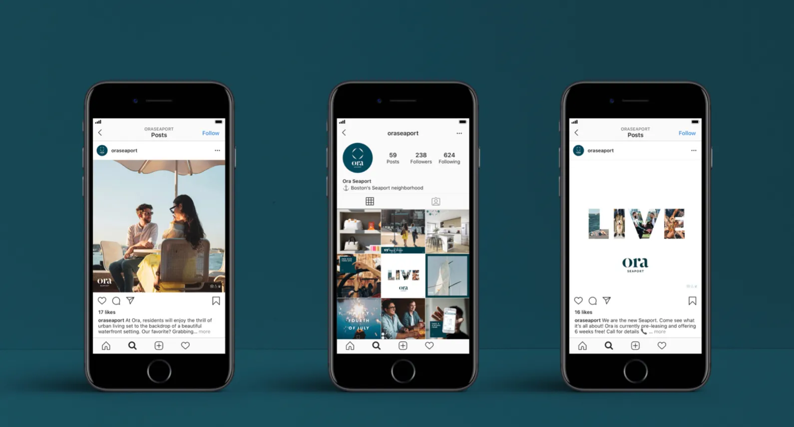 Social media feed displayed on three smartphones, showcasing a modern apartment brand