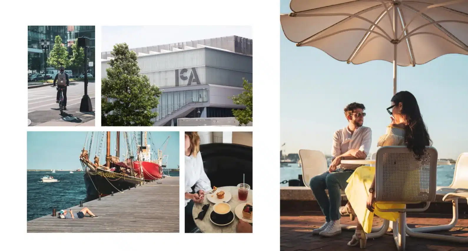 Urban living lifestyle shots, including waterfront dining, cycling, and local attractions