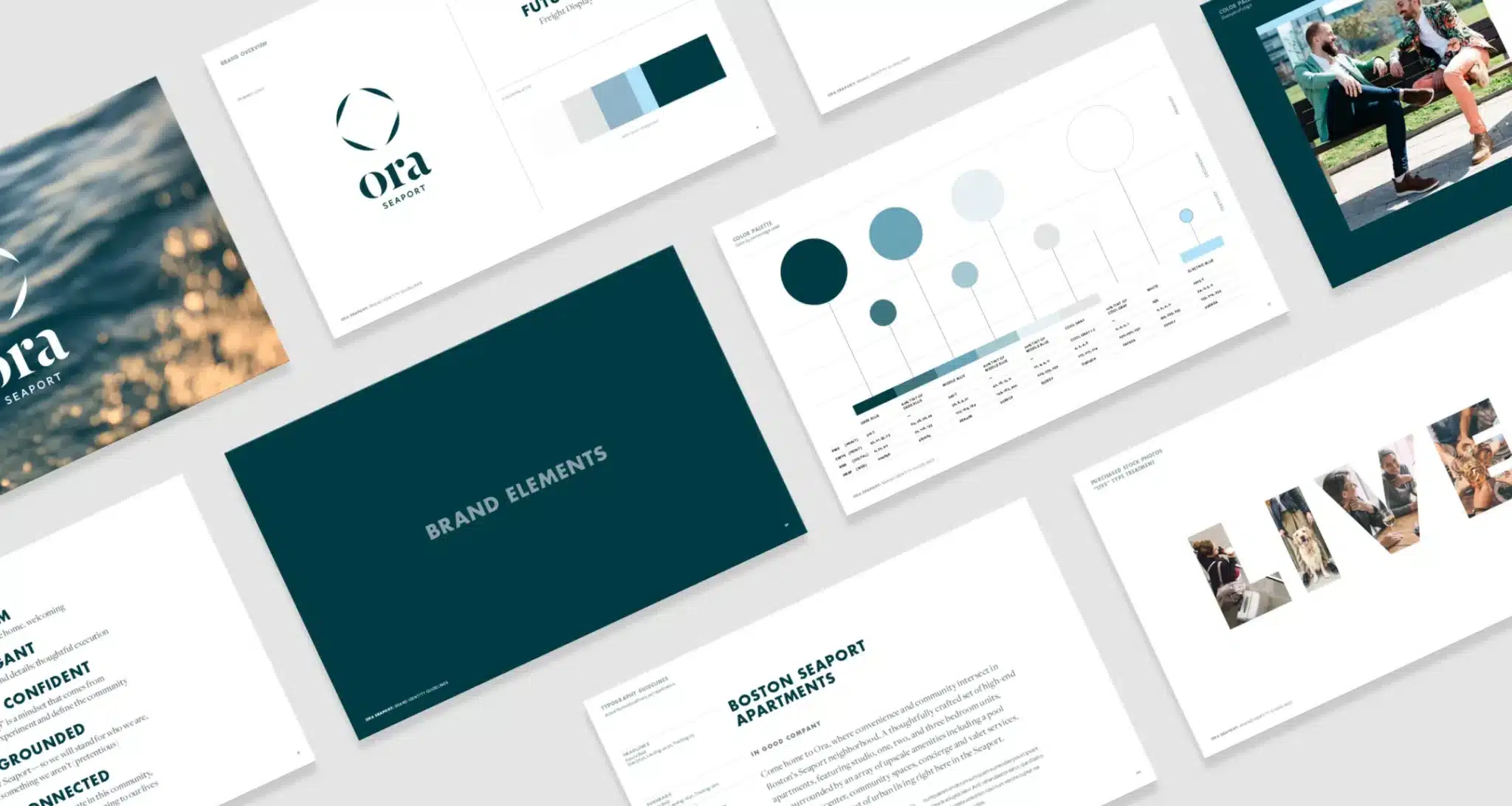 Ora Seaport brand identity guide displaying logo, color palette, typography, and design elements