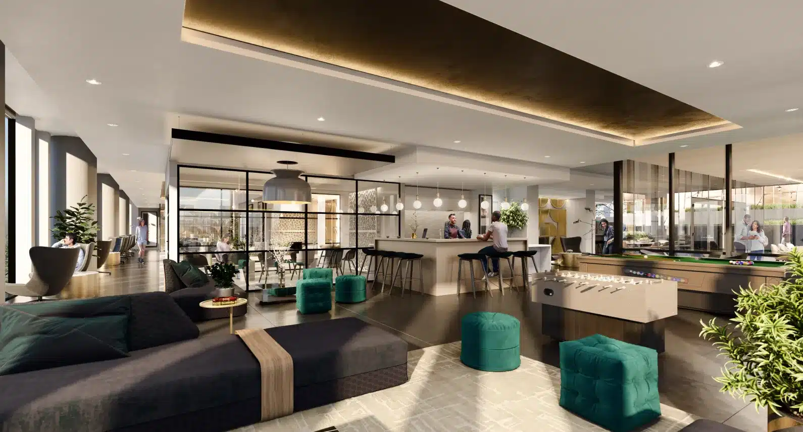 Modern coworking lounge with a stylish bar, plush seating, and an inviting social atmosphere