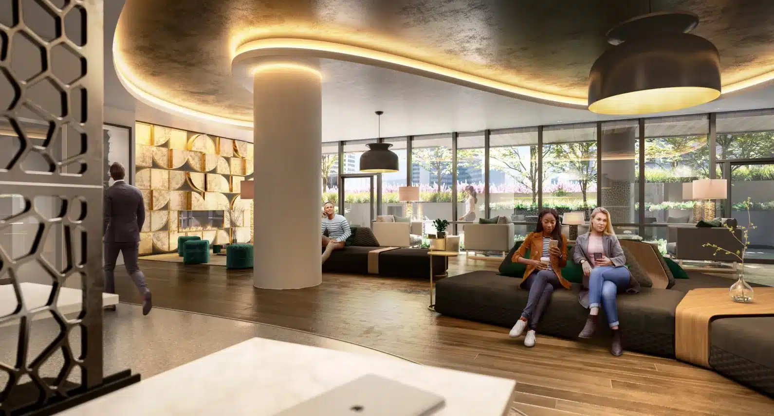 Cozy communal lounge with curved ceiling lighting, modern seating, and a welcoming ambiance