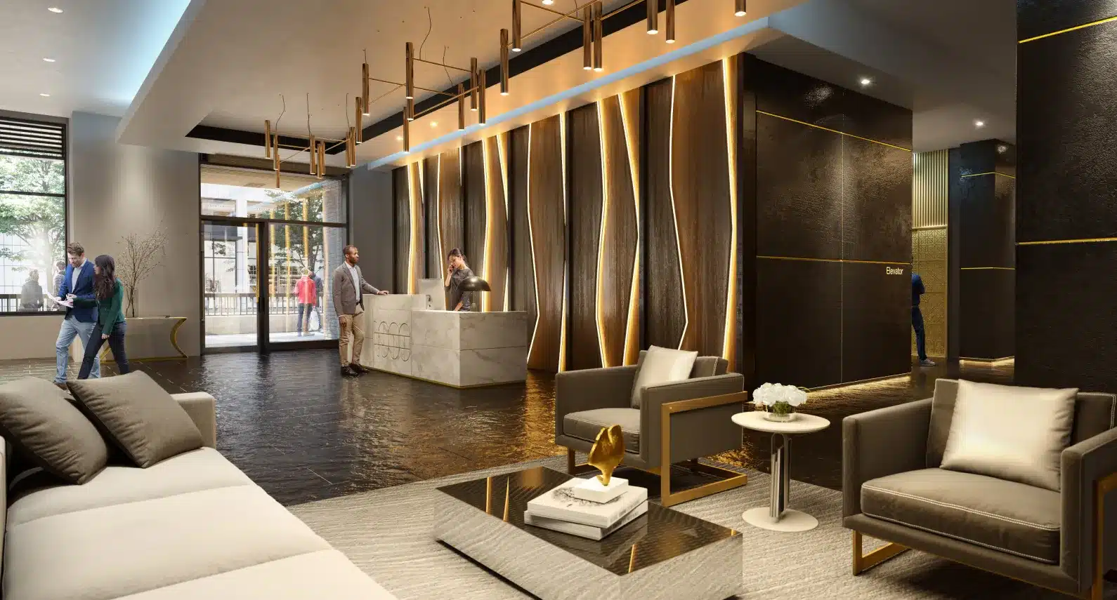 Upscale lobby with modern decor, gold-lit wall panels, and a sleek reception desk