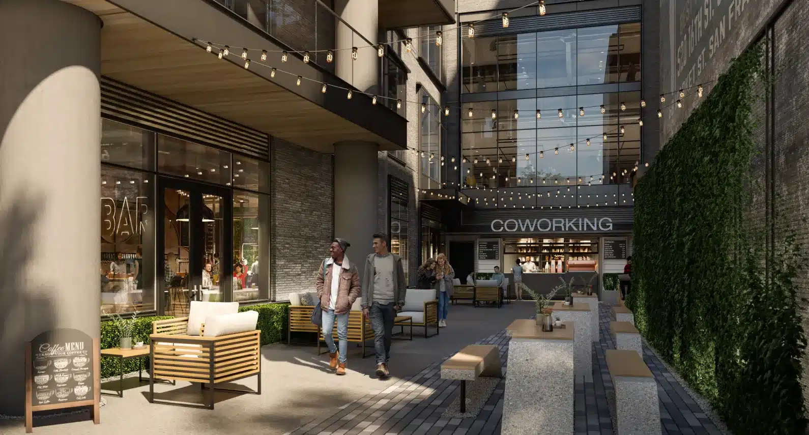Outdoor cafe-style seating with string lights, lush greenery, and a trendy coworking space