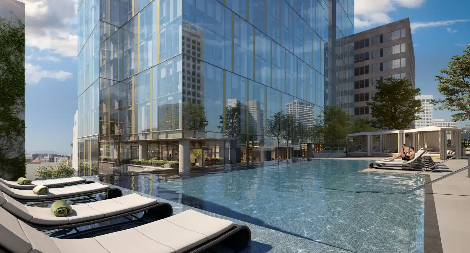 Rooftop infinity pool with lounge chairs, cabanas, and a skyline view of modern high-rises