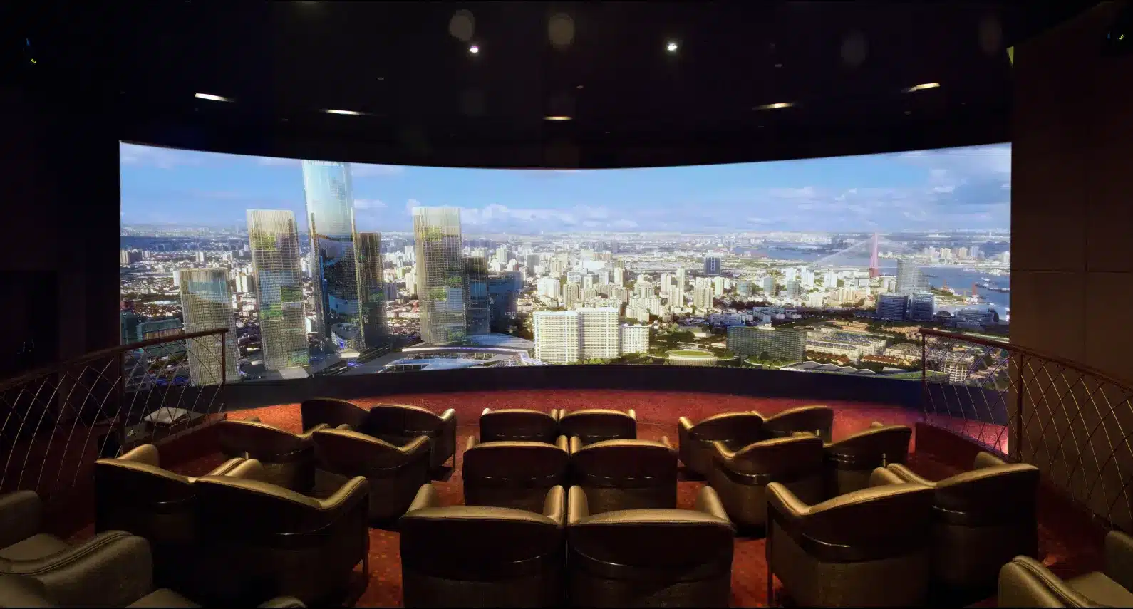 Immersive viewing experience with high-tech screen showcasing futuristic skyscrapers and cityscape