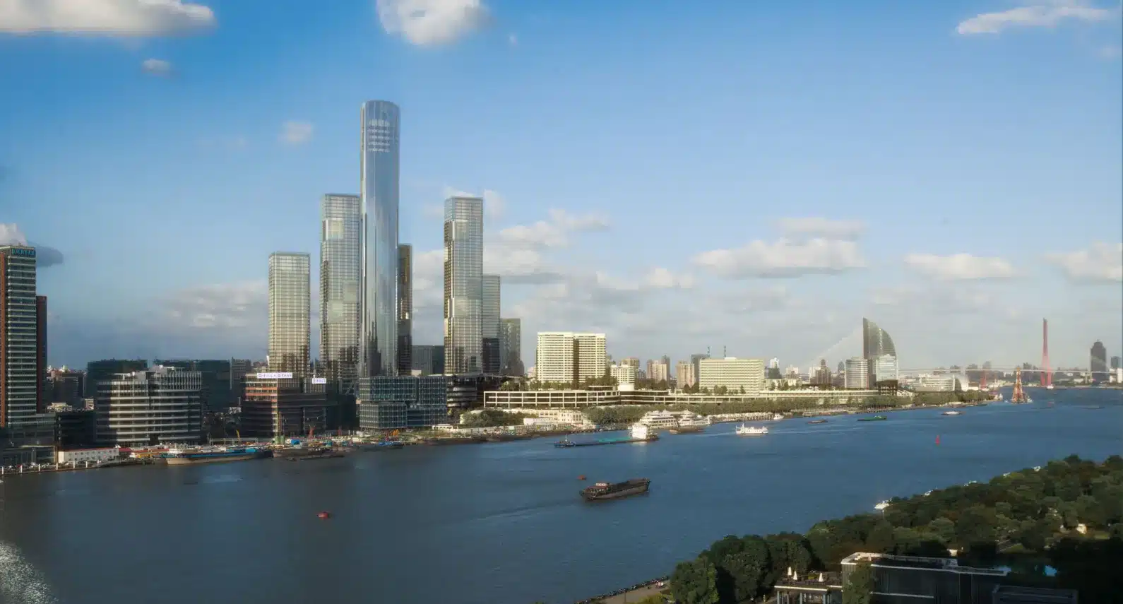 Panoramic cityscape featuring sleek high-rise buildings and a bustling waterfront district