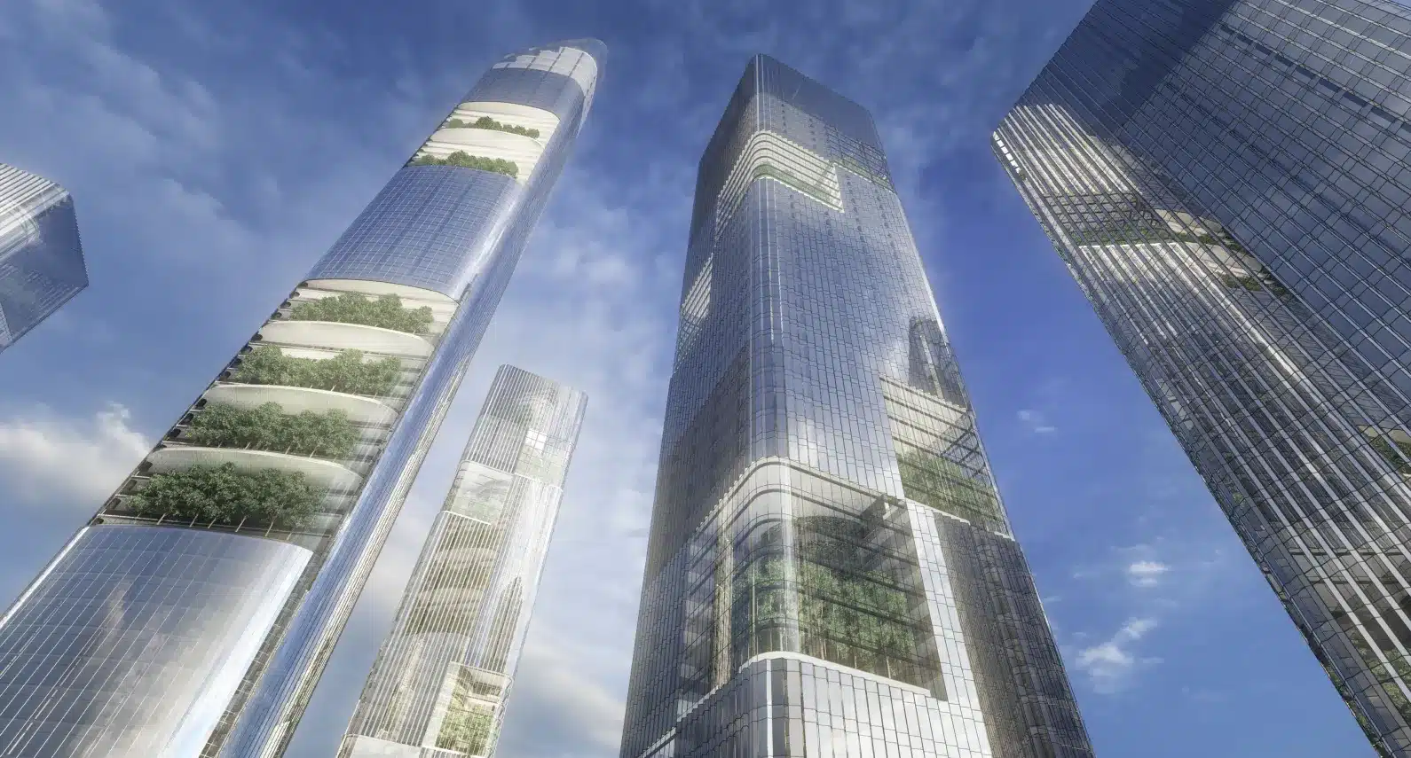 Futuristic high-rise buildings with integrated vertical gardens and sleek reflective facades