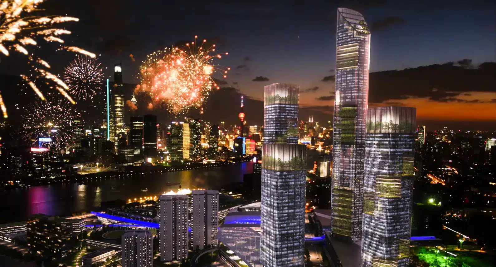 Spectacular city skyline at night with fireworks illuminating futuristic skyscrapers