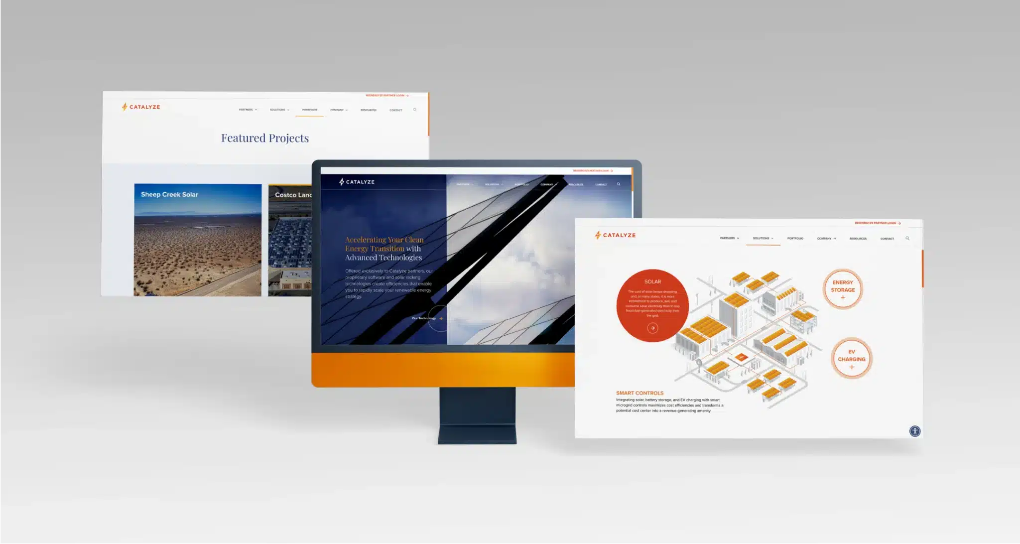 Three screens showcasing Catalyze’s clean energy solutions, including solar and battery storage