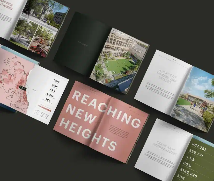 Marketing graphic displaying a retail development concept with a stylish, modern design