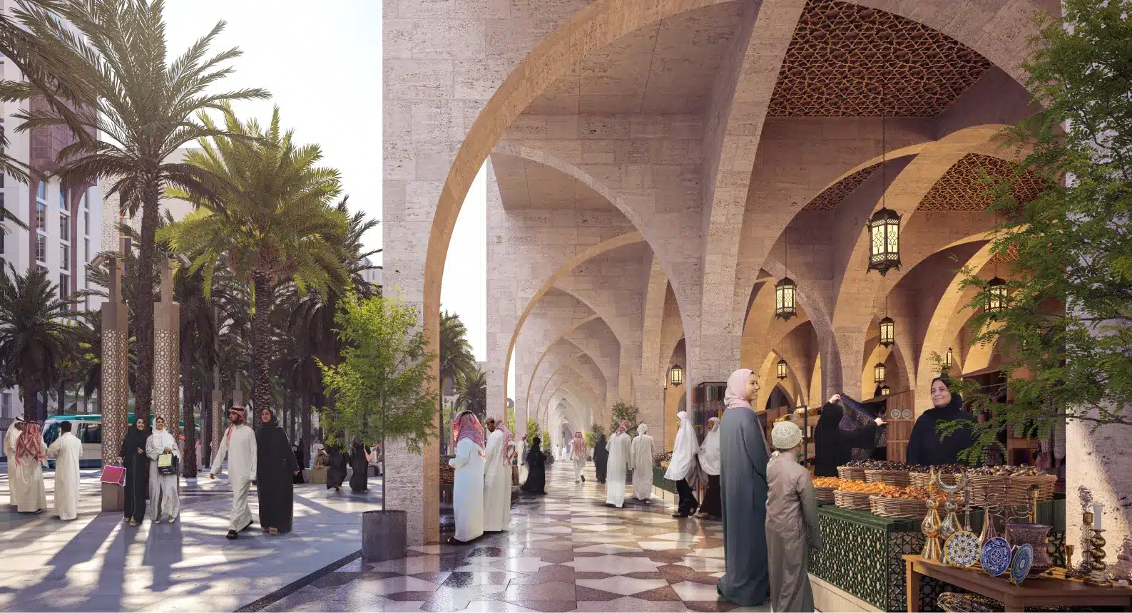 Architectural vision for Rua Al Madinah, showcasing sustainable urban planning and greenery