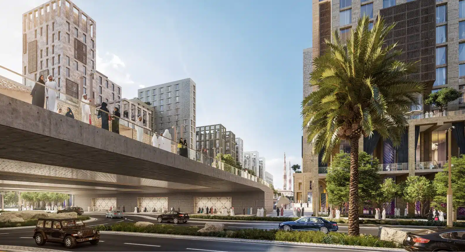 Elevated pedestrian walkway in Rua Al Madinah connecting modern high-rises with landscaped areas