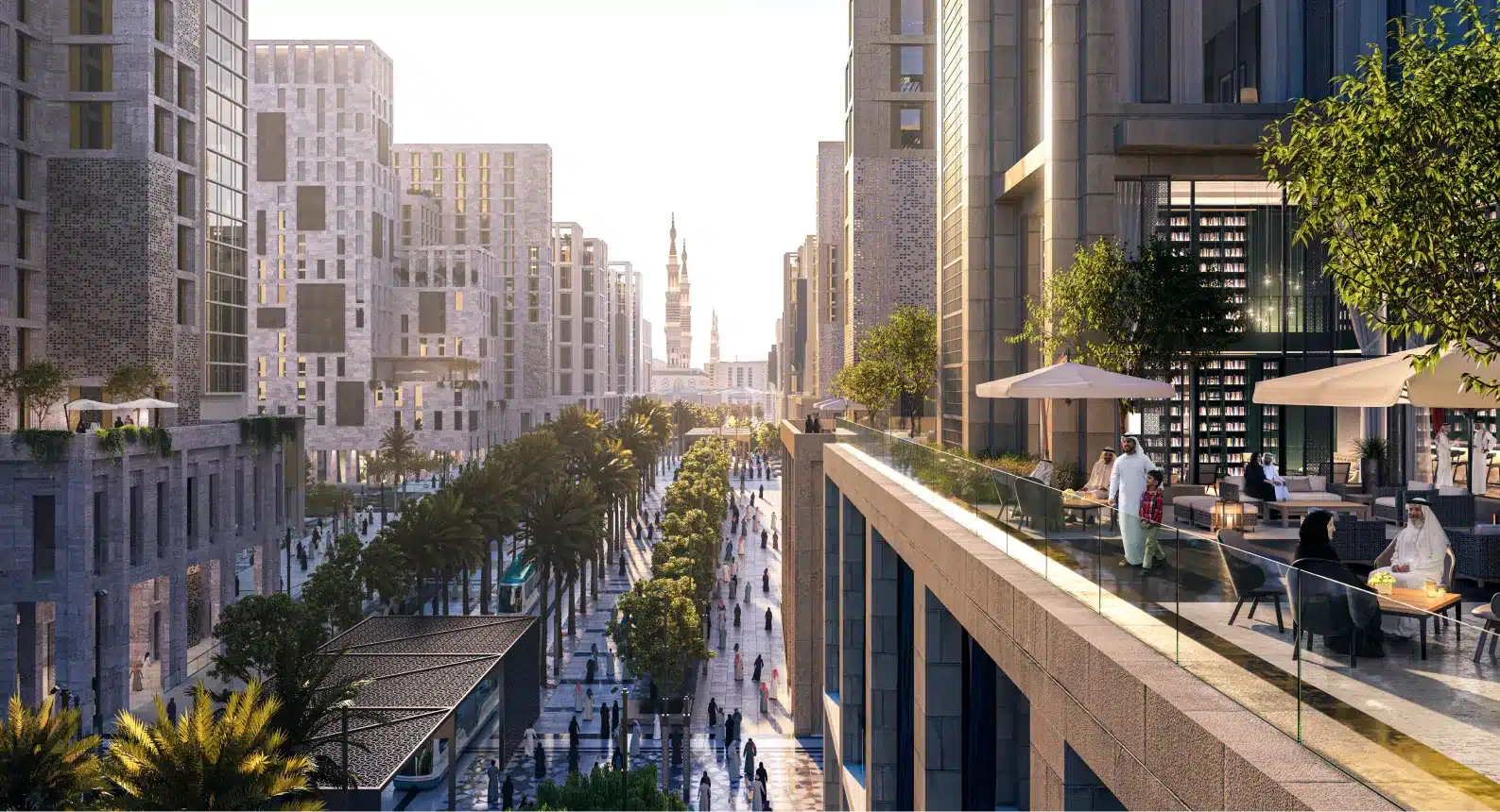 Sustainable city design in Rua Al Madinah featuring walkable infrastructure and public transport