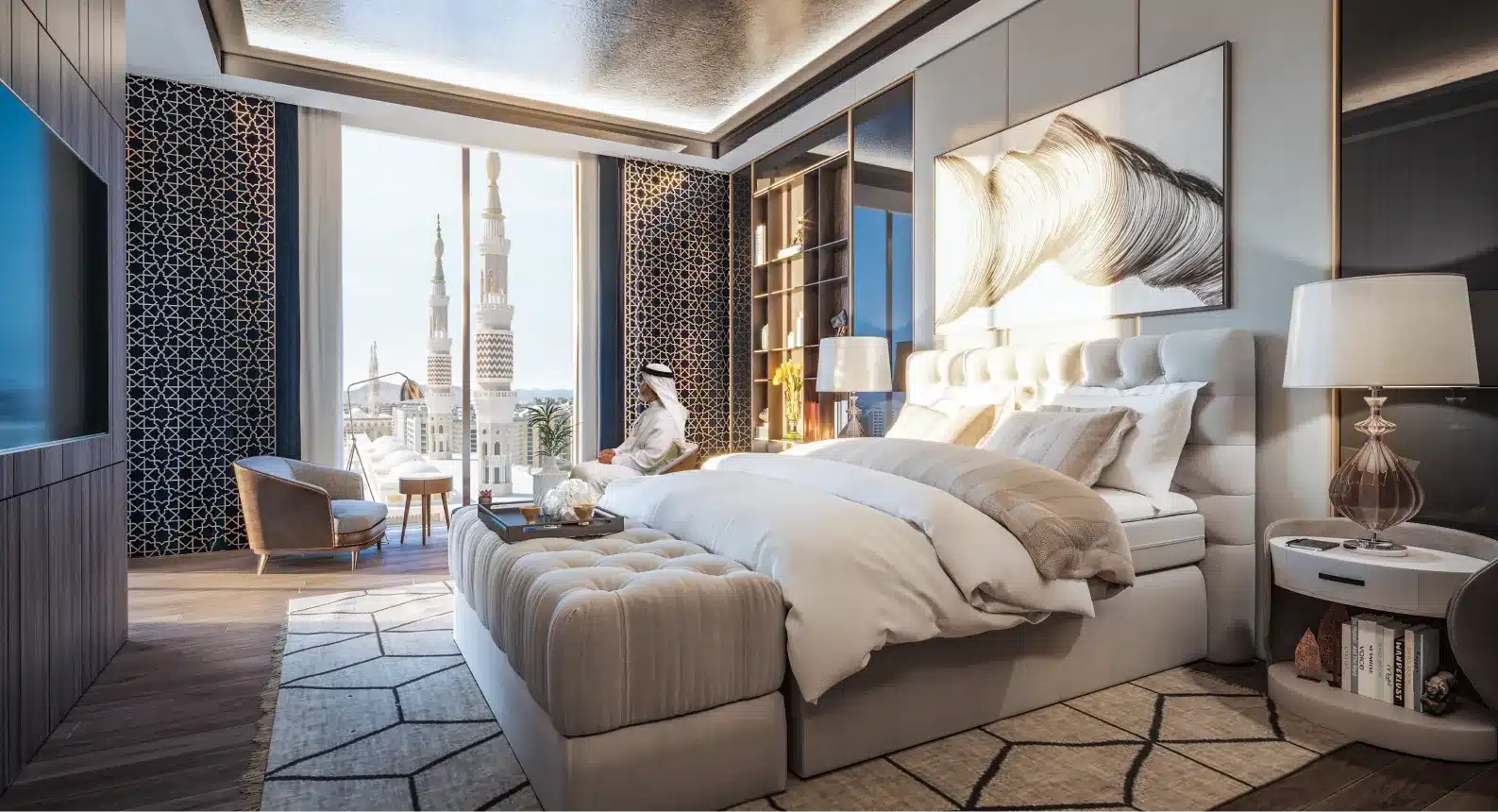 Luxury hotel room in Rua Al Madinah with a stunning view of an iconic mosque
