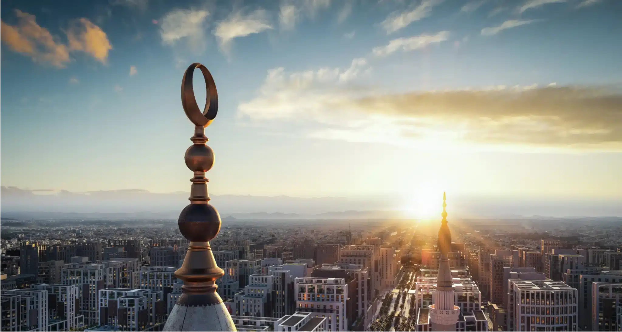 Ornamental minaret detail overlooking expansive cityscape under dramatic golden hour sky