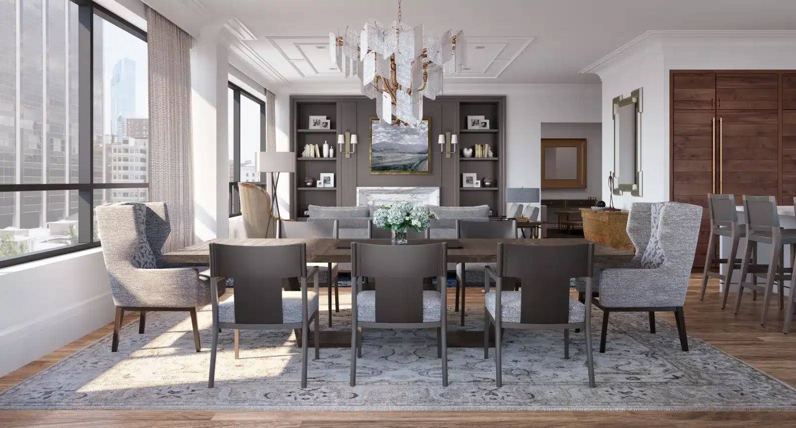 Elegant interior design featuring a sleek dining table, upholstered chairs, and decor