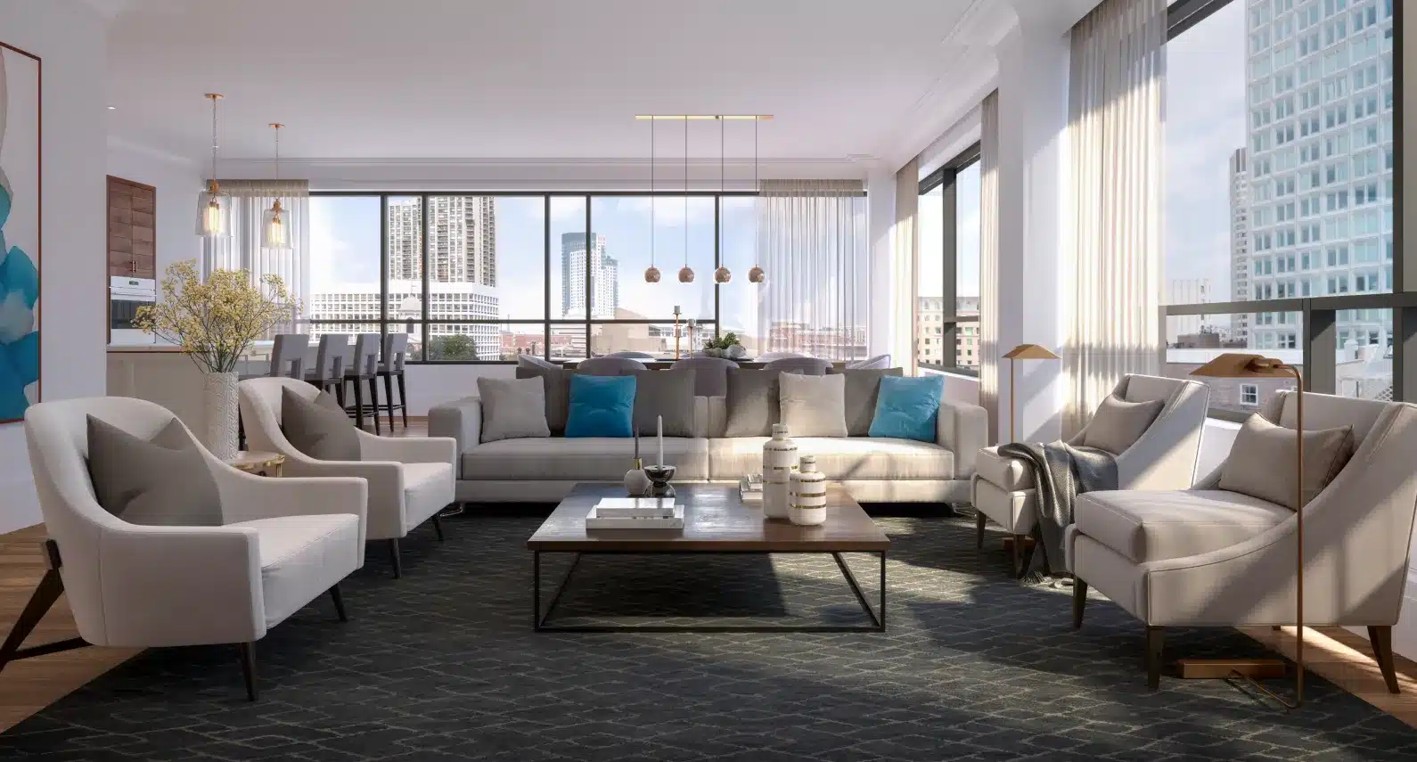 Modern living room with plush seating, floor-to-ceiling windows, and city views