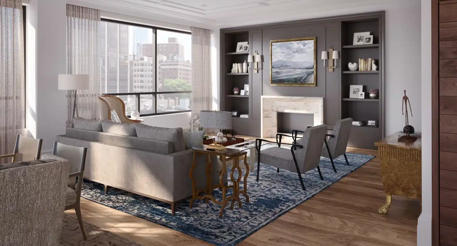 Upscale apartment with classic architecture, contemporary furniture, and a cozy ambiance