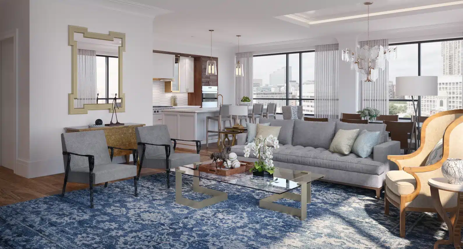 Open-concept living space with modern furniture, city views, and artistic decor