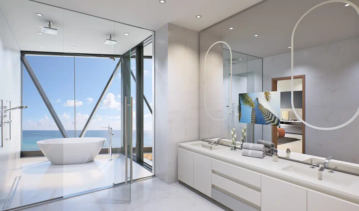 Luxurious oceanfront bathroom with a freestanding tub and floor-to-ceiling glass windows