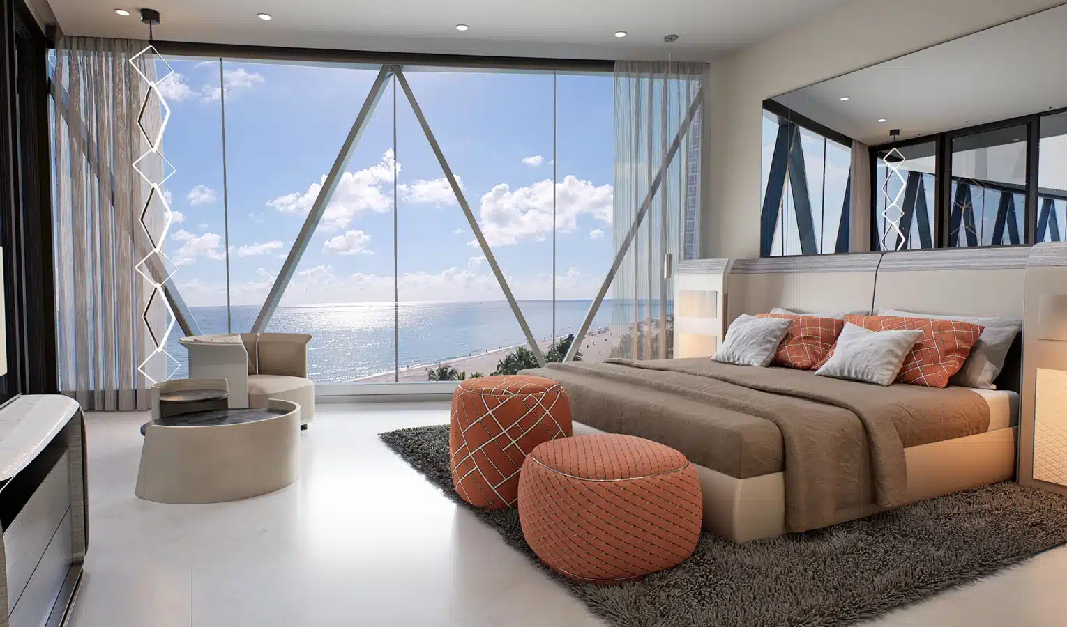 Luxurious master bedroom with plush decor, warm lighting, and breathtaking ocean views