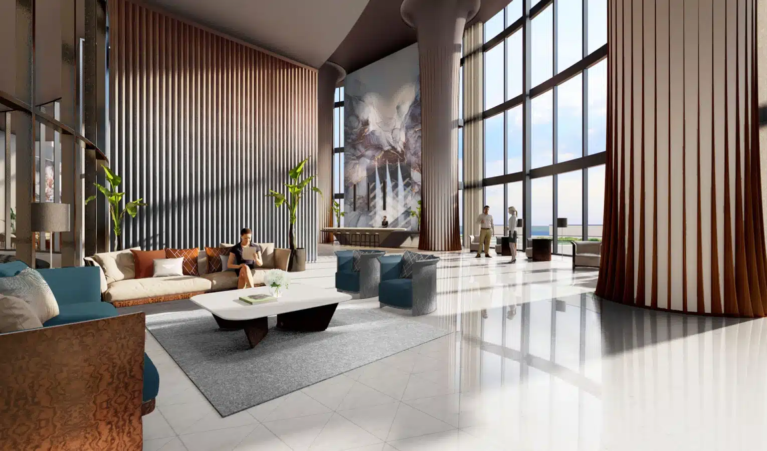 Elegant penthouse suite featuring floor-to-ceiling windows and a private beachfront terrace