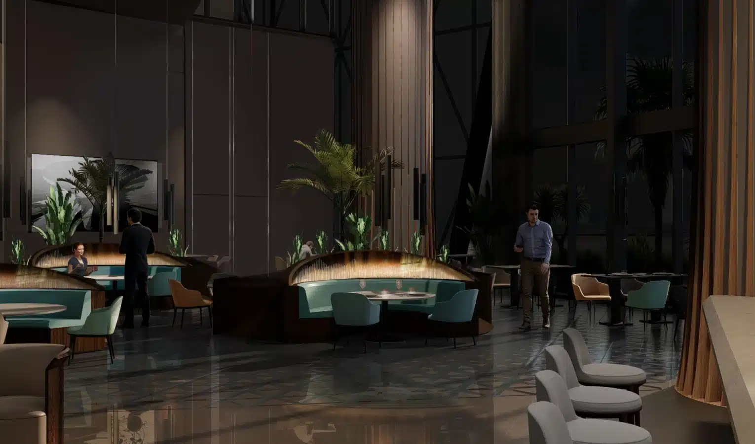 Luxurious lobby lounge at night with warm lighting and modern seating areas