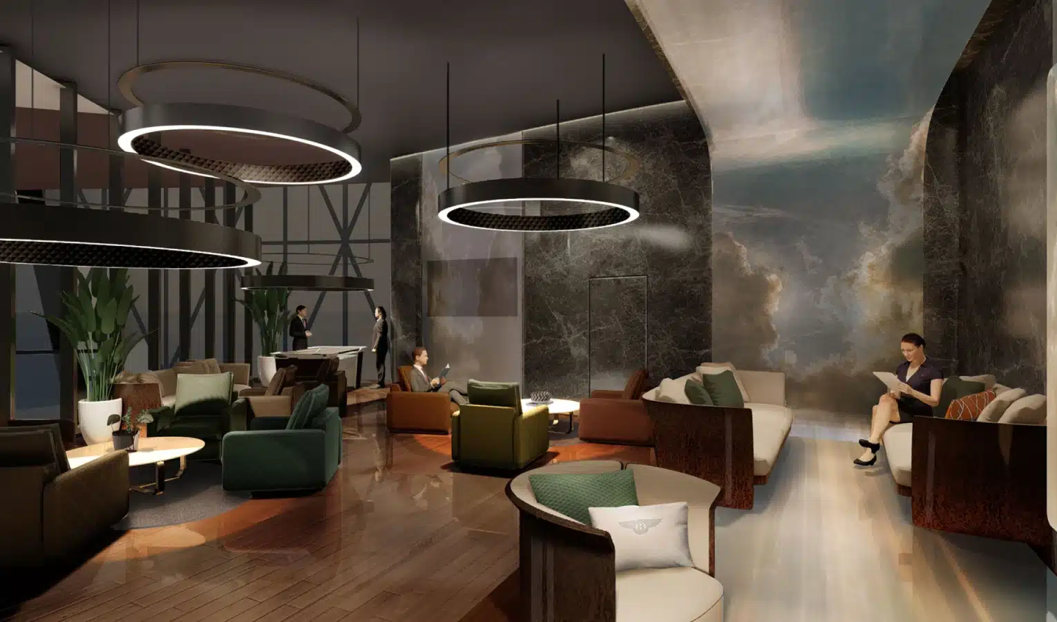 Elegant lounge with plush seating, dramatic lighting, and a modern luxury ambiance