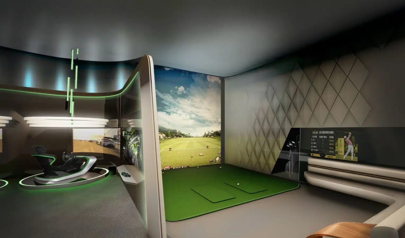High-tech golf simulator room with a virtual fairway and modern entertainment setup